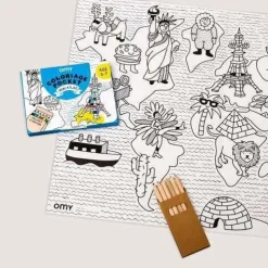 Pocket OMY Atlas para colorear + 6 lápices colores